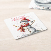 かわいい雪だるま冬の水の色メリークリスマス スクエアペーパーコースター (アングル)