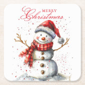 かわいい雪だるま冬の水の色メリークリスマス スクエアペーパーコースター (正面)