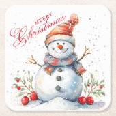 かわいい雪だるま冬の水の色メリークリスマス スクエアペーパーコースター (正面)