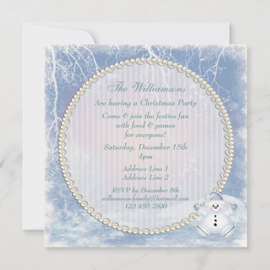 かわいい雪だるま及び冬場面クリスマス・パーティ 招待状 (裏面)