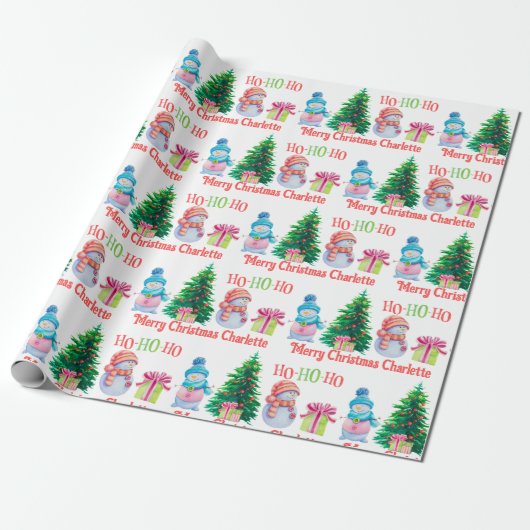 かわいい雪だるま受信者の追加クリスマス ラッピングペーパー (アンロールド)