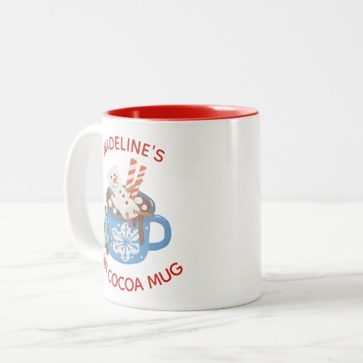 かわいい雪だるま名ホットココア ツートーンマグカップ (正面左)