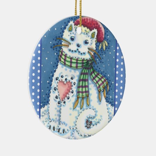 かわいい雪だるま子猫、雪かき猫及びネズミ セラミックオーナメント (右)