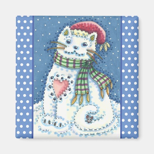 かわいい雪だるま子猫、雪片ネコとネズミ マグネット (正面)