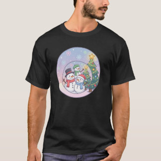 かわいい雪だるま家族のクリスマスの情景 Tシャツ