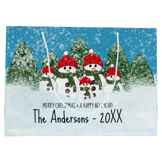 かわいい雪だるま家族の5つのクリスマス ラージペーパーバッグ (裏面)