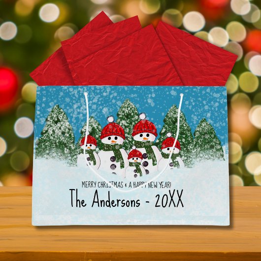 かわいい雪だるま家族の5つのクリスマス ラージペーパーバッグ