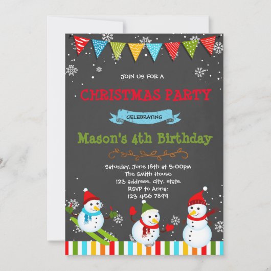 かわいい雪だるま誕生日パーティーの招待 招待状 (正面)