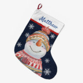 かわいい雪だるま赤緑のセーターハットスノーフレークス名 ラージクリスマスストッキング (正面 (吊り時))