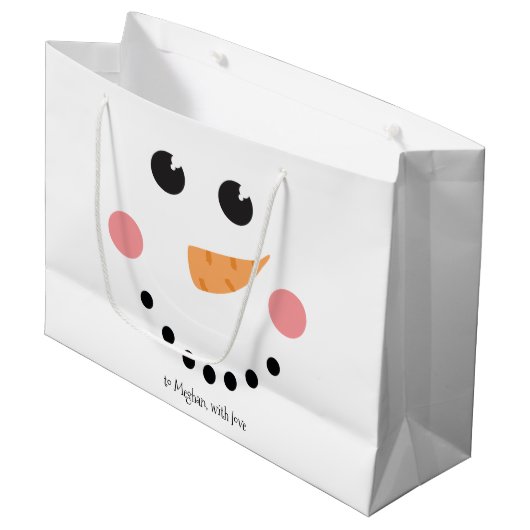かわいい雪だるま顔と名前をカスタムする ラージペーパーバッグ (正面アングル)