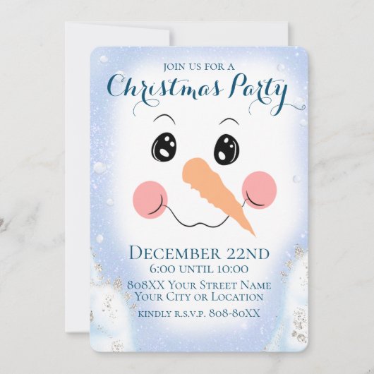 かわいい雪だるま顔クリスマスパーティー 招待状 (正面)