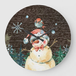 かわいい雪だるま&ウッドランド動物クリスマスかわいい ラージ壁時計