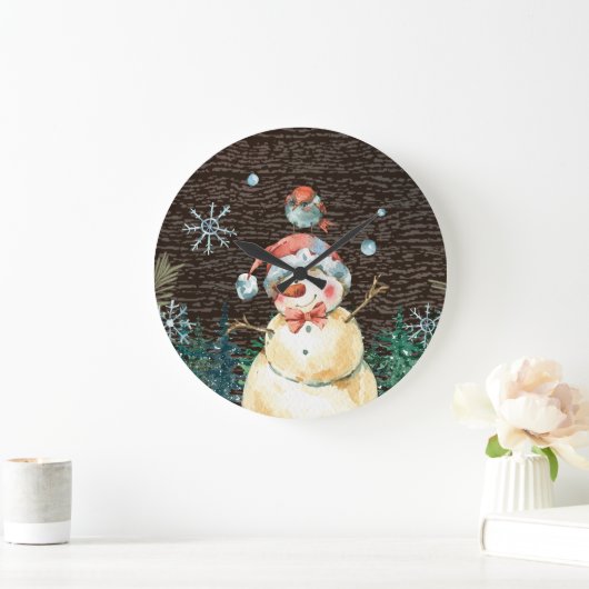 かわいい雪だるま&ウッドランド動物クリスマスかわいい ラージ壁時計 (ホーム)
