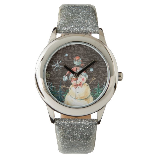 かわいい雪だるま&ウッドランド動物クリスマスかわいい 腕時計 (正面)