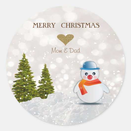 かわいい雪だるま、クリスマスツリー、雪 ラウンドシール (正面)