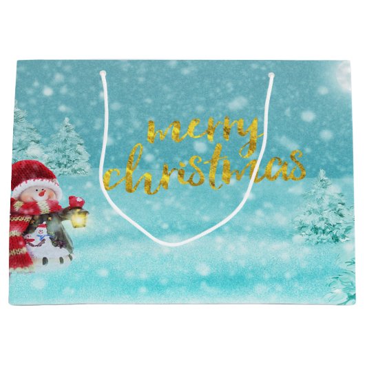 かわいい雪だるま、クリスマスハット、松の木の休日 ラージペーパーバッグ (正面)