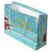 かわいい雪だるま、クリスマスハット、松の木の休日 ラージペーパーバッグ (正面アングル)