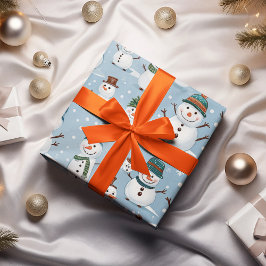 かわいい雪だるま クリスマス 青 パターン ホリデー ラッピングペーパー