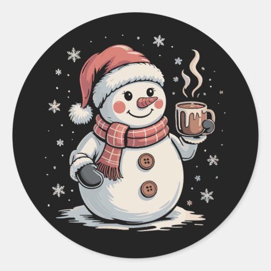 かわいい雪だるま コーヒー 冬 雪の結晶 クリスマス ラウンドシール (正面)