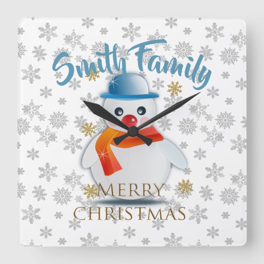 かわいい雪だるま スクエア壁時計 (正面)
