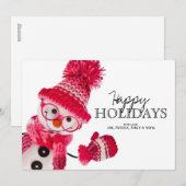 かわいい雪だるま　ピンクの編み込み帽子を被って眼鏡をかけている シーズンカード (正面/裏面)