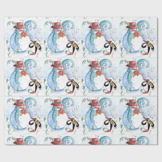 かわいい雪だるま&ペンギンの冬のセレナーデクリスマス ラッピングペーパー (フラット)