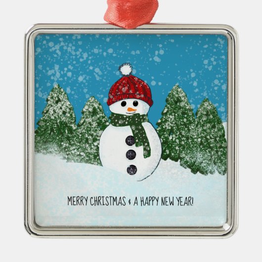 かわいい雪だるま | メリークリスマスと新年おめでとう メタルオーナメント (正面)