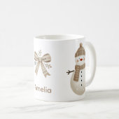 かわいい雪だるま リボン クリスマス 名前入り コーヒーマグカップ (正面右)