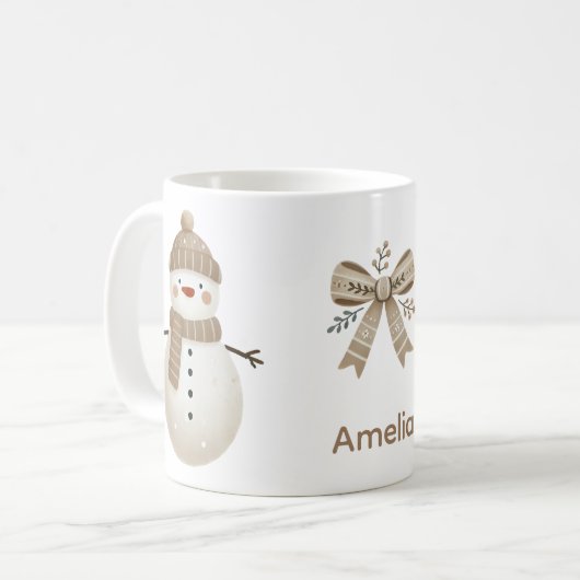 かわいい雪だるま リボン クリスマス 名前入り コーヒーマグカップ (正面左)