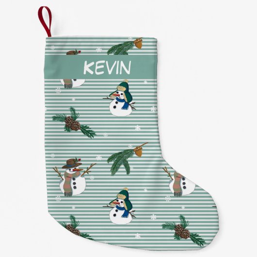 かわいい雪だるま。名前でカスタマイズ可能。 スモールクリスマスストッキング (正面)