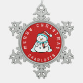 かわいい雪だるま（名前） | レッド スノーフレークピューターオーナメント (正面)