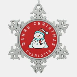 かわいい雪だるま（名前） | レッド スノーフレークピューターオーナメント