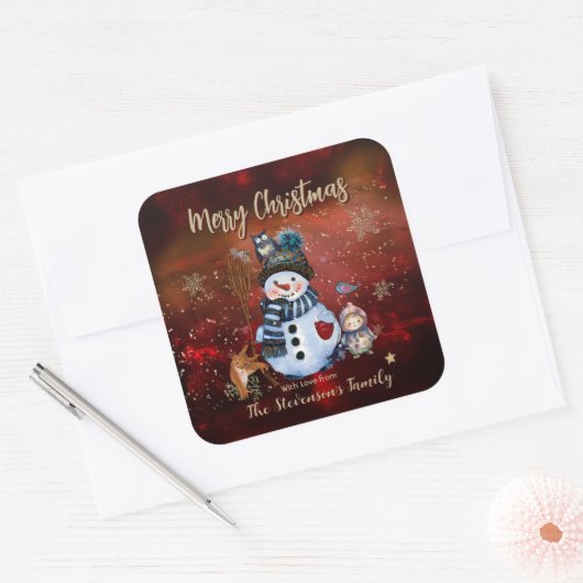 かわいい雪だるま、子供と鳥の赤い四角いステッカー スクエアシール (封筒)