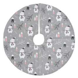 かわいい雪だるま、家々、冬の枝 フリース ツリースカート