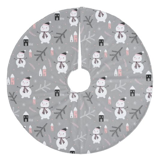 かわいい雪だるま、家々、冬の枝 フリース ツリースカート (正面)