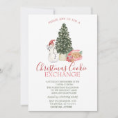 かわいい雪だるま，松の木，クッキー 招待状 (正面)