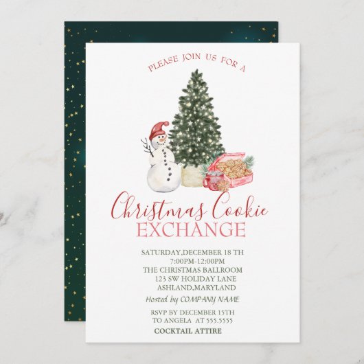 かわいい雪だるま，松の木，クッキー 招待状 (正面/裏面)