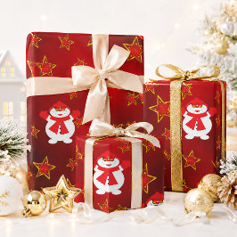 かわいい雪だるま 赤 金の星 クリスマス ラッピングペーパー
