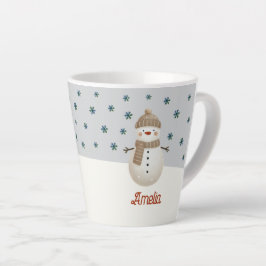 かわいい雪だるま+雪の結晶+名前+クリスマス カフェラテマグ