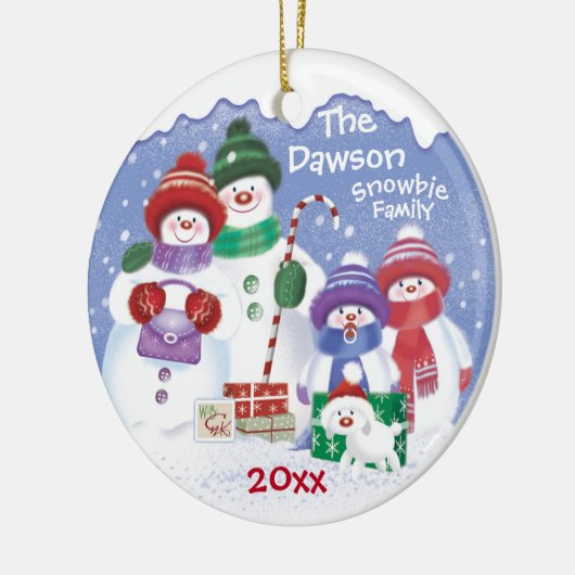 「かわいい雪だるま、4つの雪の家族、クリスマス セラミックオーナメント (左)