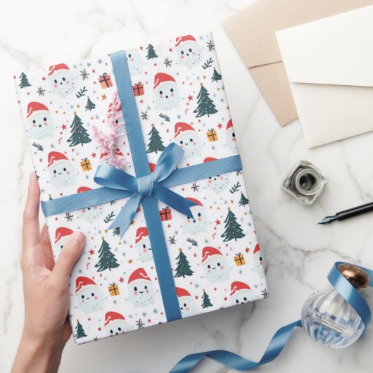 かわいい雪だるまIクリスマスツリーホワイト ラッピングペーパー (ギフト)