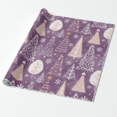 かわいい雪とクリスマスツリーパープル&ピーチ ラッピングペーパー (アンロールド)
