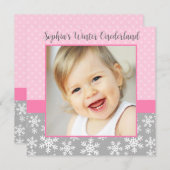 かわいい雪のかけら冬のオーネダーランド写真ピンクグレー 招待状 (正面/裏面)