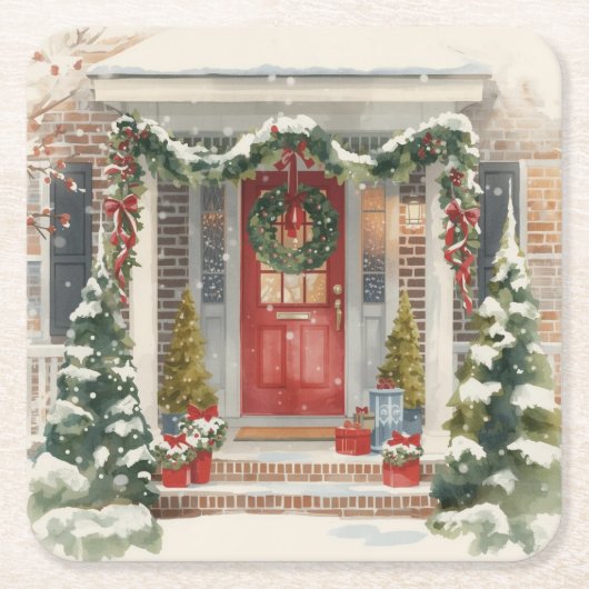 かわいい雪のクリスマスのポーチ スクエアペーパーコースター (正面)