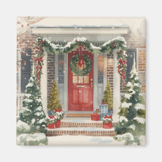 かわいい雪のクリスマスのポーチ マグネット (正面)