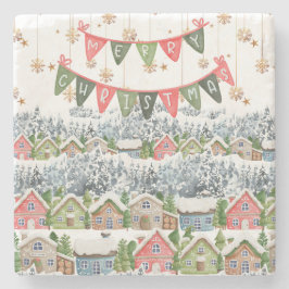 かわいい雪のクリスマスビレッジ ストーンコースター