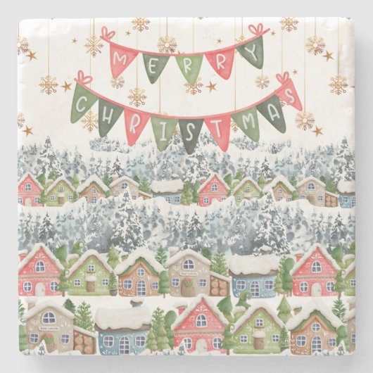 かわいい雪のクリスマスビレッジ ストーンコースター (正面)