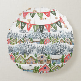 かわいい雪のクリスマスビレッジ ラウンドクッション