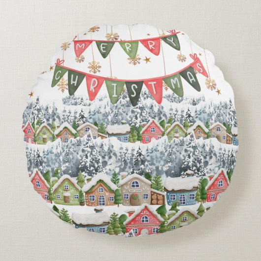 かわいい雪のクリスマスビレッジ ラウンドクッション (正面)