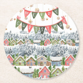 かわいい雪のクリスマスビレッジ ラウンドペーパーコースター